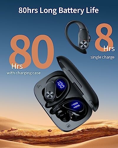 Wireless earbuds with charging case, 80 hours total battery life, 8 hours per single charge.