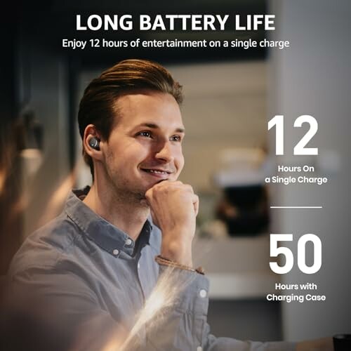 Man wearing wireless earbuds with text highlighting long battery life.