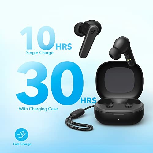 Wireless earbuds with charging case showing 10 hours single charge, 30 hours with charging case, and fast charge feature.