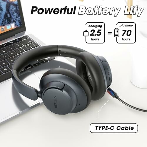 Wireless headphones charging via laptop with USB-C cable.