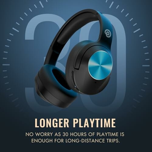 Wireless headphones highlighting 30-hour playtime.