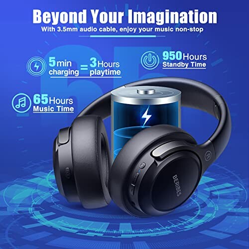 Wireless headphones with long battery life, fast charging, and audio cable option.