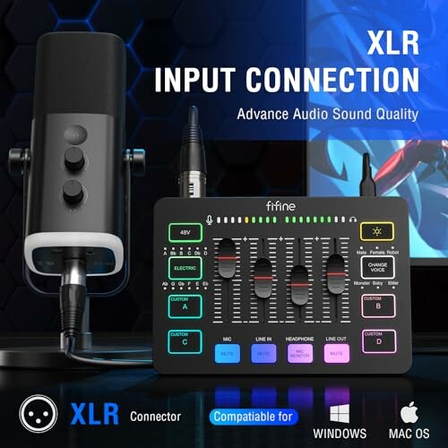 XLR input connection with a microphone and audio interface featuring multiple controls, compatible with Windows and Mac OS.